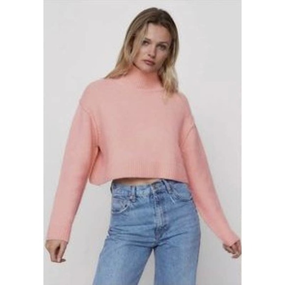 ZARA Cropped Turtleneck Sweater Alpaca Wool Blend Fuzzy Chunky Knit, Pink - Picture 12 of 13